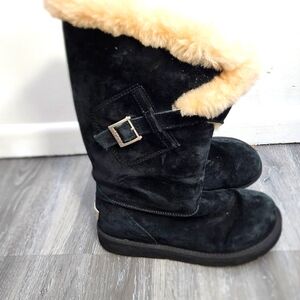 UGG Black Suede Boots with Cream Fur Trim Size 8